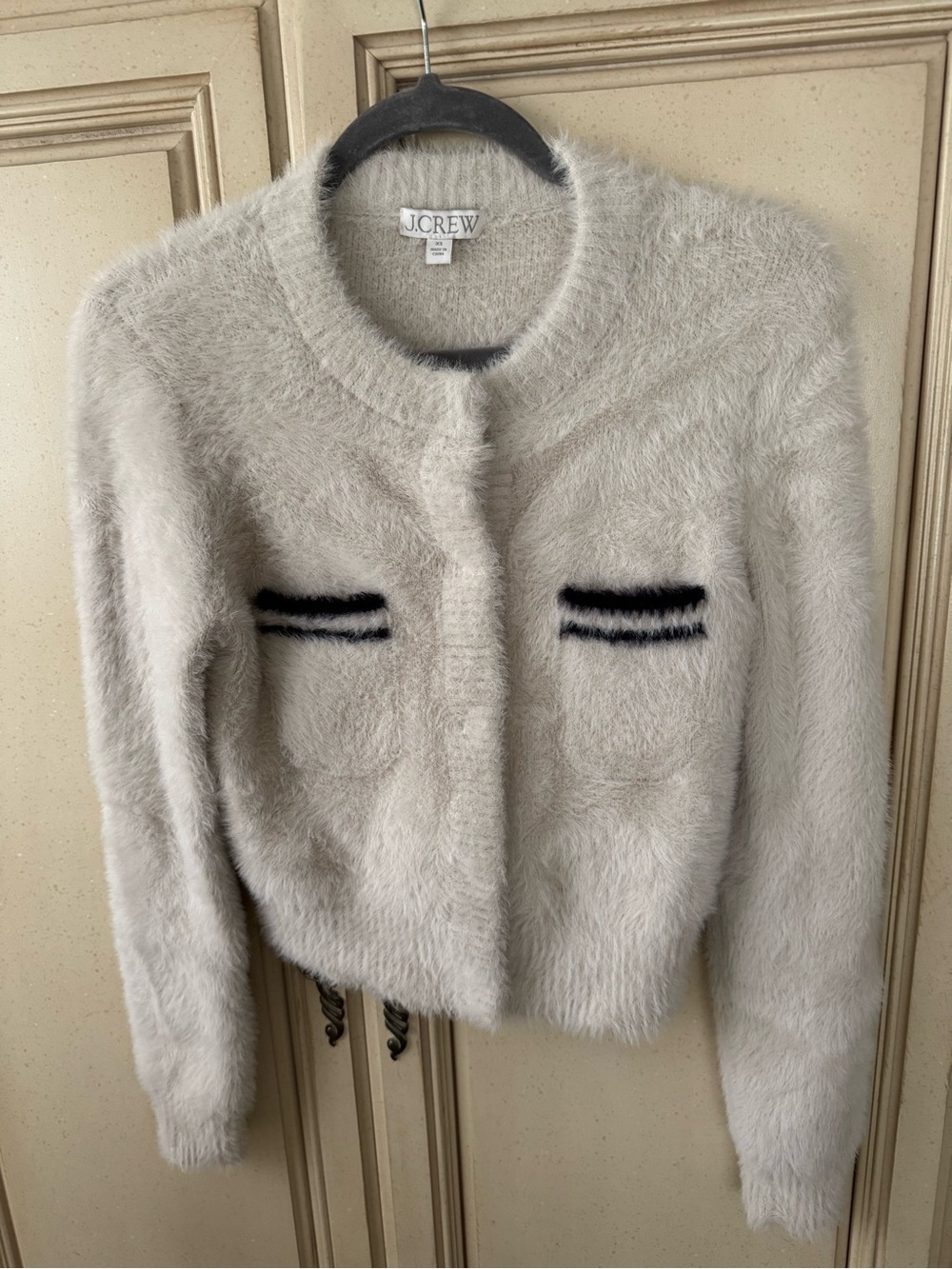J. Crew Cream Fuzzy Teddy sweater with Black Trim